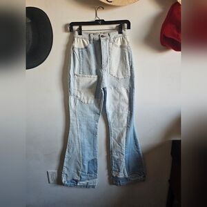 Akira Light Blue Denim Patchwork Bottoms Up Flare Leg Jeans Size 7 90s Y2k